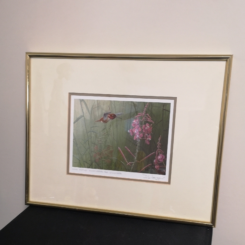 Beautiful Brass Framed Hummingbird & Flowers Signed Print by Artist Don Li-Leger